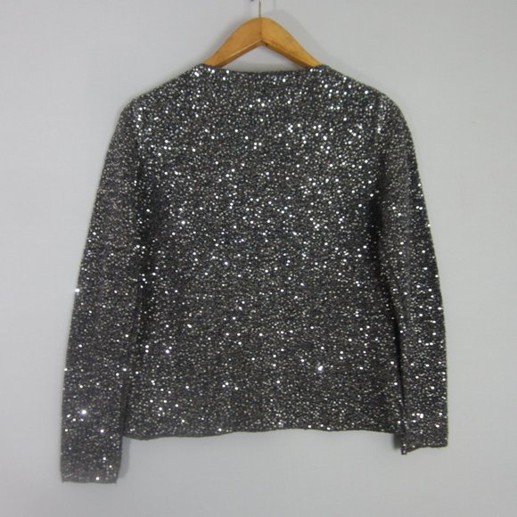 CHICOS 1 Womens Medium Blue Beige LS Silver Sequin Front Zip Wool Blend Sweater - Picture 10 of 11